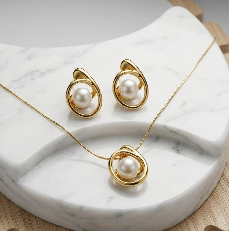 Classic Pearl Swirl Anti-Tarnish Gold-Plated Necklace and earring Set - Minimalist Elegance