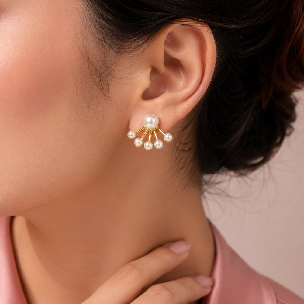 Pearl Sunburst Ear Jacket | Gold Plated Fan Stud Earrings