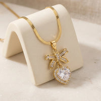 Anti-Tarnish Gold Plated Bow & Heart Pendant Necklace | Dainty CZ Jewelry