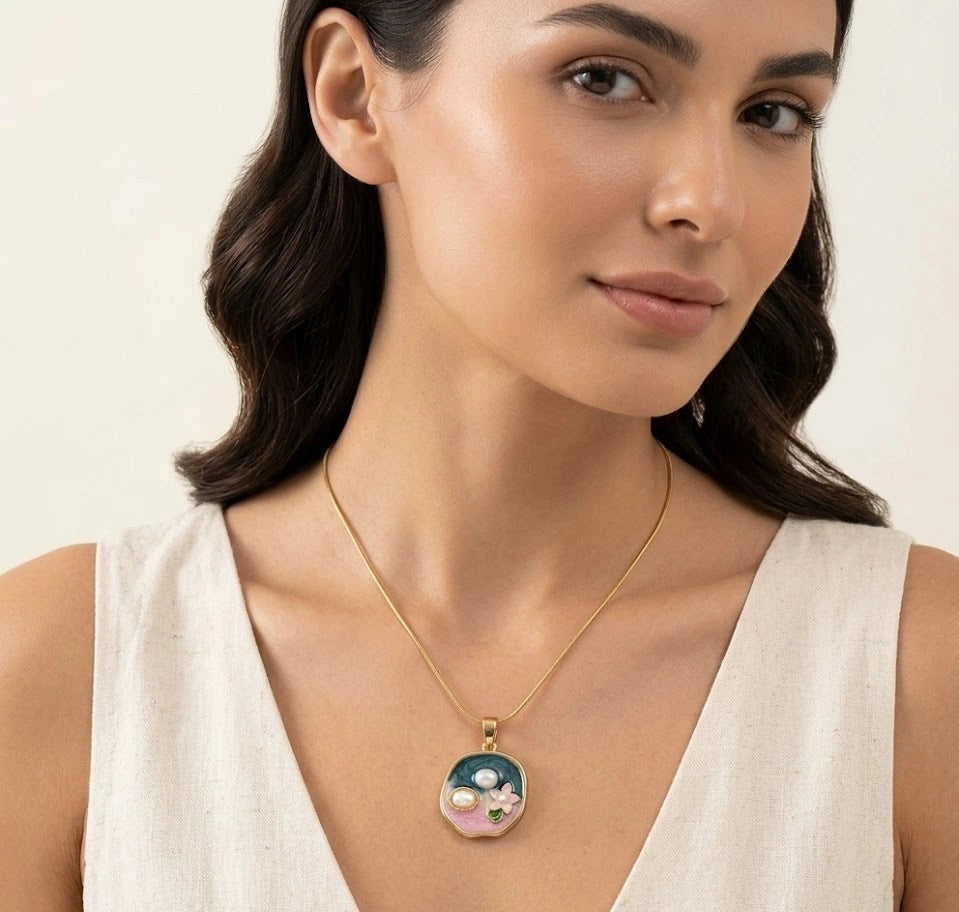 Korean Aesthetic Floral Enamel Pearl Pendant Necklace - Anti-Tarnish Gold Plated