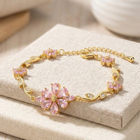 Tulip Pink Blossom Floral Vine Anti Tarnish Gold Plated Bracelet