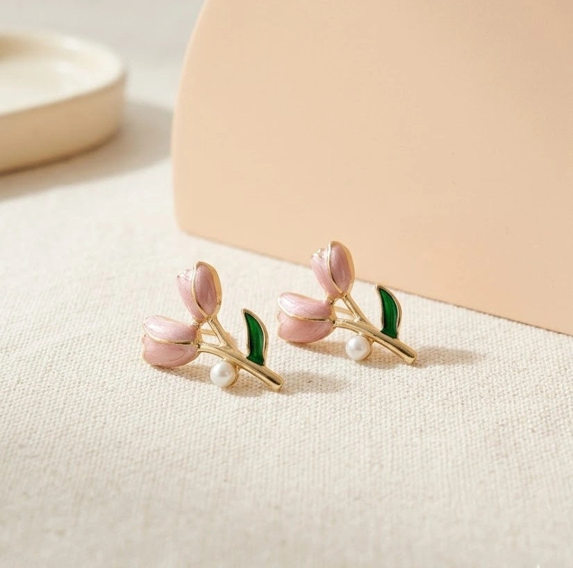 Tulip Flower Pink Enamel Earrings with Pearl Accents - High Quality Fashion Jewelry