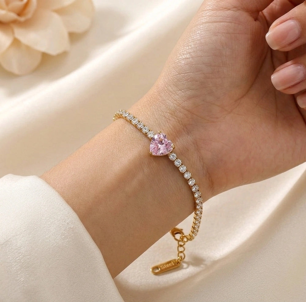Pink Heart Tennis Bracelet | Anti-Tarnish Gold Plated