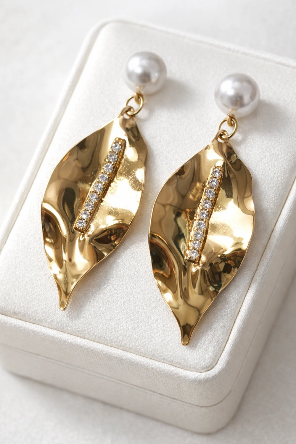 Pearl Drop Textured Leaf Gold Plated Earrings - Anti Tarnish