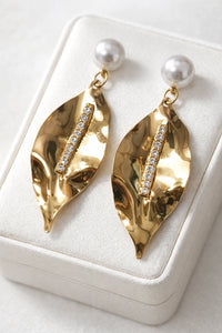 Pearl Drop Textured Leaf Gold Plated Earrings - Anti Tarnish