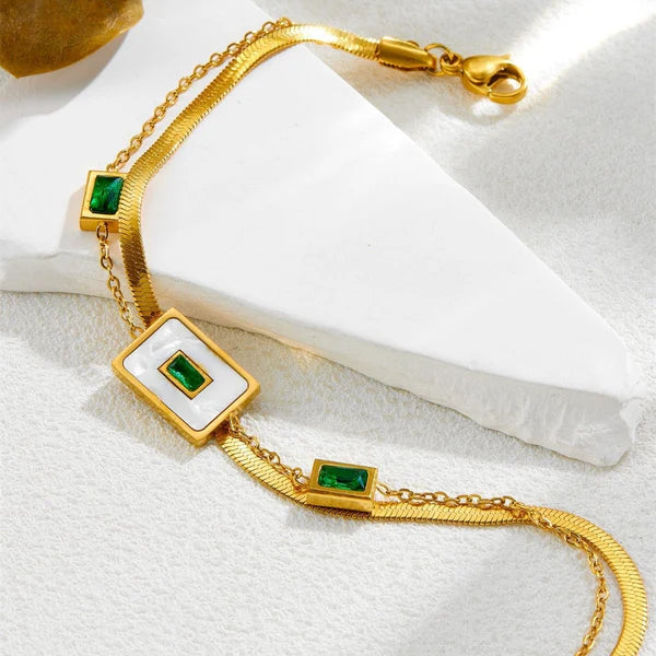 Emerald Green Stone & Mother of Pearl Layered Bracelet - Anti-Tarnish Gold Plated