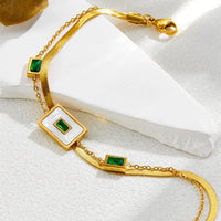 Emerald Green Stone & Mother of Pearl Layered Bracelet - Anti-Tarnish Gold Plated