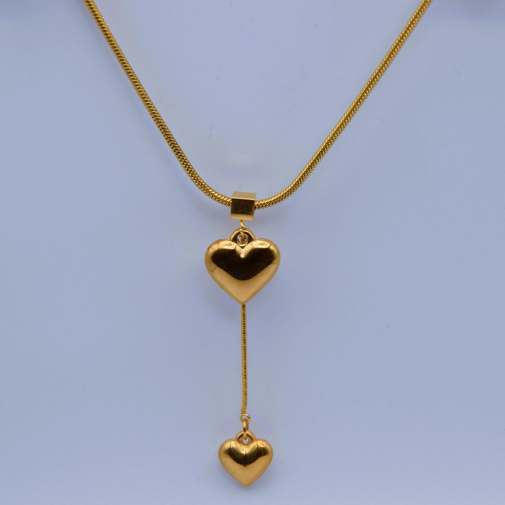 Double Heart Lariat Necklace - Anti-Tarnish Gold Plated Minimalist Tassel Pendant