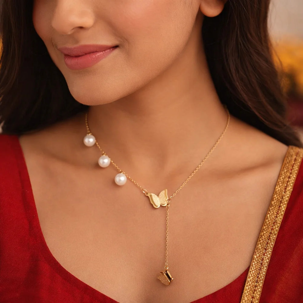 Butterfly & Pearl Lariat Necklace | Anti-Tarnish Gold Plated Y-Chain | Korean Style