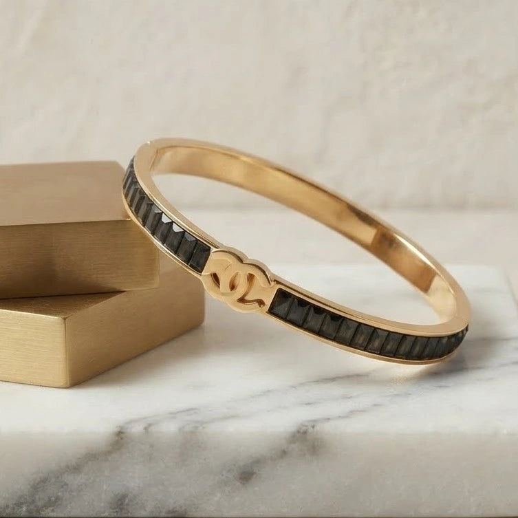 Black Crystal Statement Logo Cuff - Anti Tarnish Gold Plated Bracelet