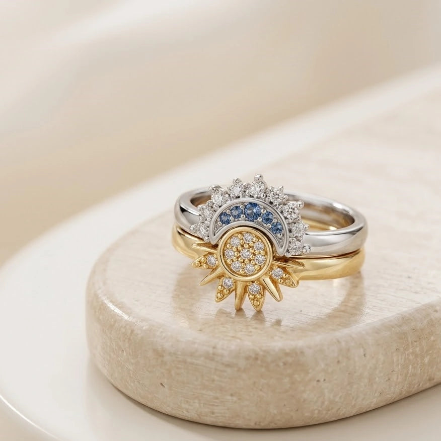 Sun & Moon Celestial Stackable Ring Set | Dual-Tone Fashion Jewelry