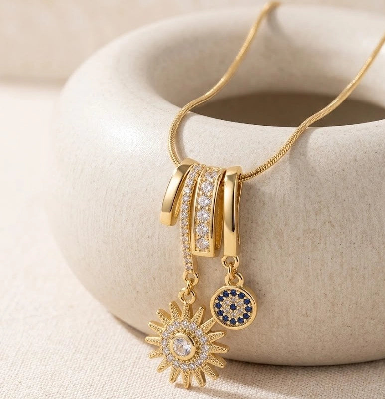 Evil Eye & Sunburst Charm Necklace | Anti-Tarnish Gold Plated Snake Chain