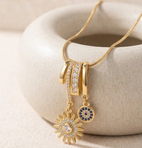 Evil Eye & Sunburst Charm Necklace | Anti-Tarnish Gold Plated Snake Chain