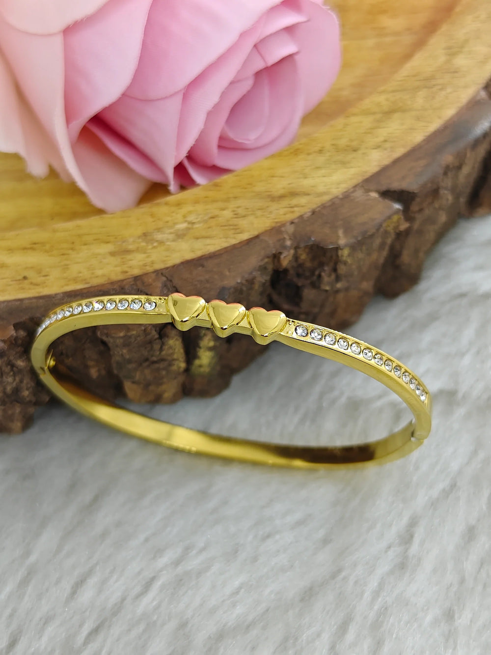 Triple Heart Crystal Bangle | Anti-Tarnish Gold-Plated Bracelet