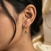 Red Tulip Flower Drop Hoop Earrings - Anti Tarnish Gold Plated