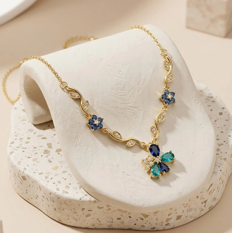 Blue Floral Butterfly Vine Necklace | Anti-Tarnish Gold Plated-Tulip