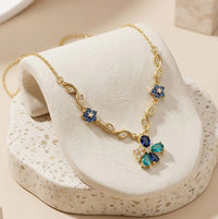 Blue Floral Butterfly Vine Necklace | Anti-Tarnish Gold Plated-Tulip