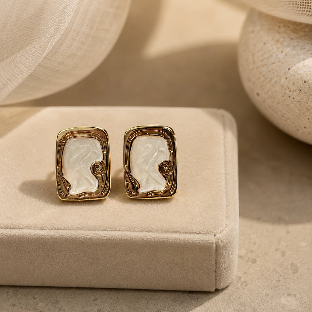 Vintage Pearl Inlay Rectangular Stud Earrings - Gold Plated