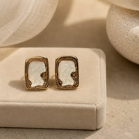 Vintage Pearl Inlay Rectangular Stud Earrings - Gold Plated
