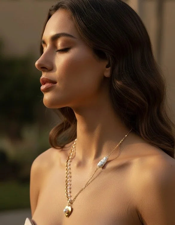 Layered Pearl Heart Anti-Tarnish Gold Plated Necklace - Korean Style