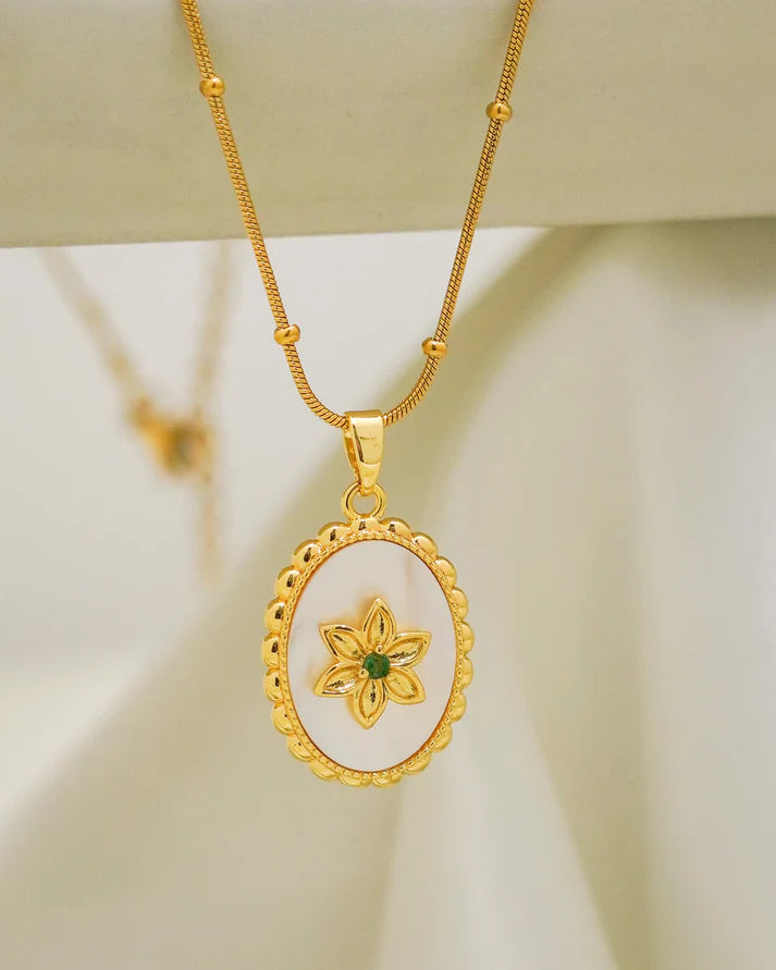 Anti Tarnish Floral White Oval Pendant Necklace - Premium Gold Plated