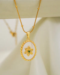 Anti Tarnish Floral White Oval Pendant Necklace - Premium Gold Plated