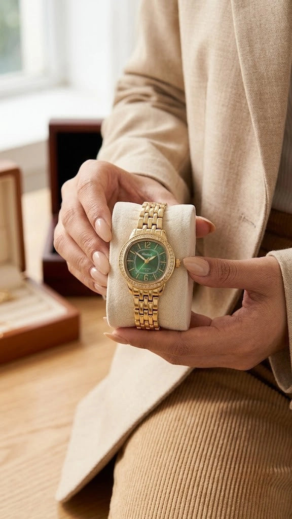 Emerald Luxe Gold-Plated Anti-Tarnish Watch – Elegant Green Dial Quartz Watch