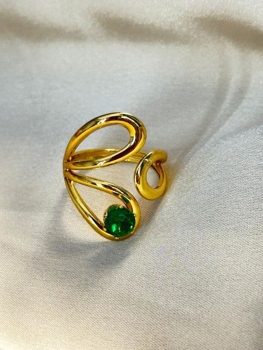 Emerald Green Abstract Adjustable Ring - Gold Plated Anti-Tarnish Fashion Jewellery