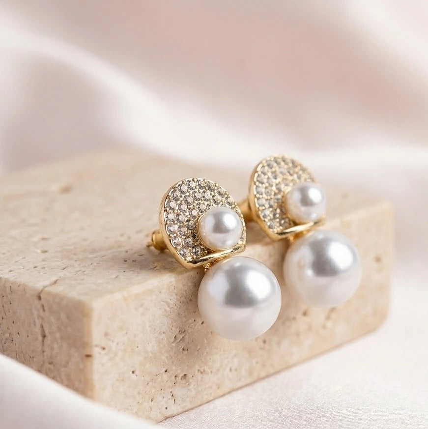 Korean Pearl & Crystal Drop Earrings