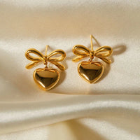 Gold Plated Ribbon Bow & Heart Earrings | Anti-Tarnish Korean Style Drop Studs