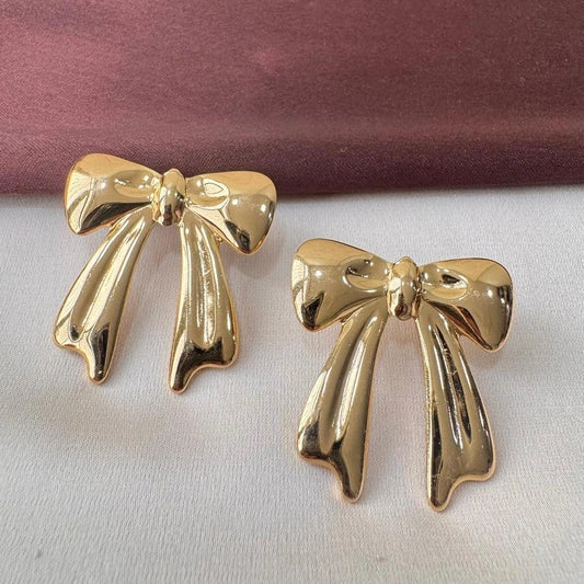 Gold Bow Stud Earrings for Women | Elegant Ribbon Fashion Jewelry