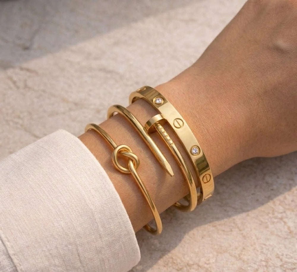 Golden Hour Bangle Stack: Knot, Nail & Screw Motif 3-Piece Bracelet Set