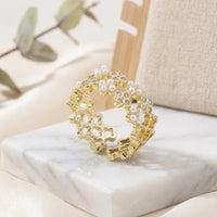 Gold Floral Pearl Adjustable Ring | Dainty Crystal Clover Fashion Ring