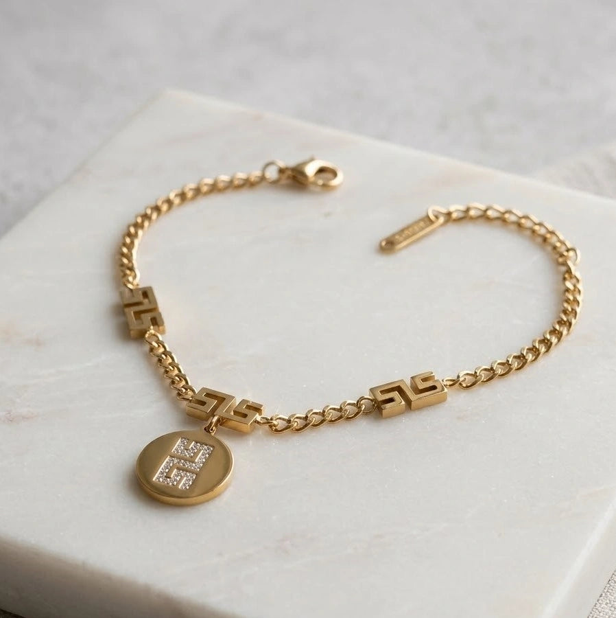 Versace Inspired Greek Key Anti-Tarnish Charm Bracelet for Women