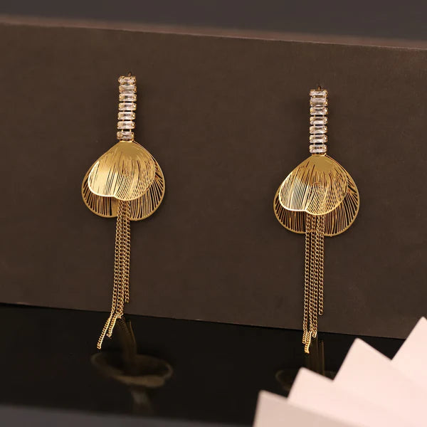 Golden Ginkgo Leaf Tassel Earrings with Crystal Accents – Statement Fashion Jewelry for Party Wear