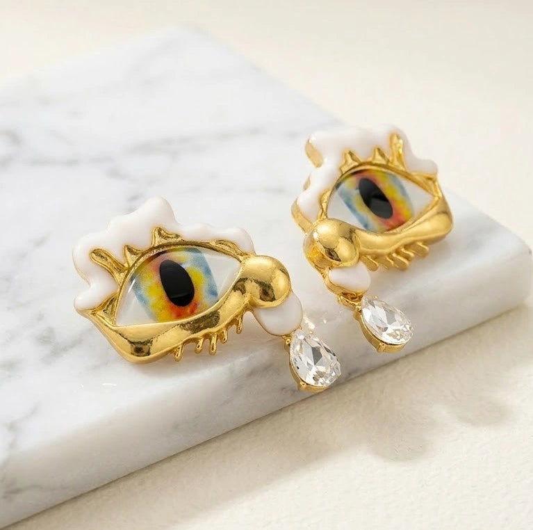Surreal Evil Eye Statement Earrings with Crystal Teardrop