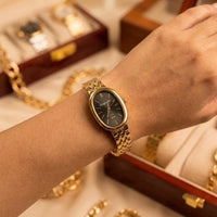 Vintage Oval Black Dial Watch | Anti-Tarnish Gold Plated | Moncheri Jewels