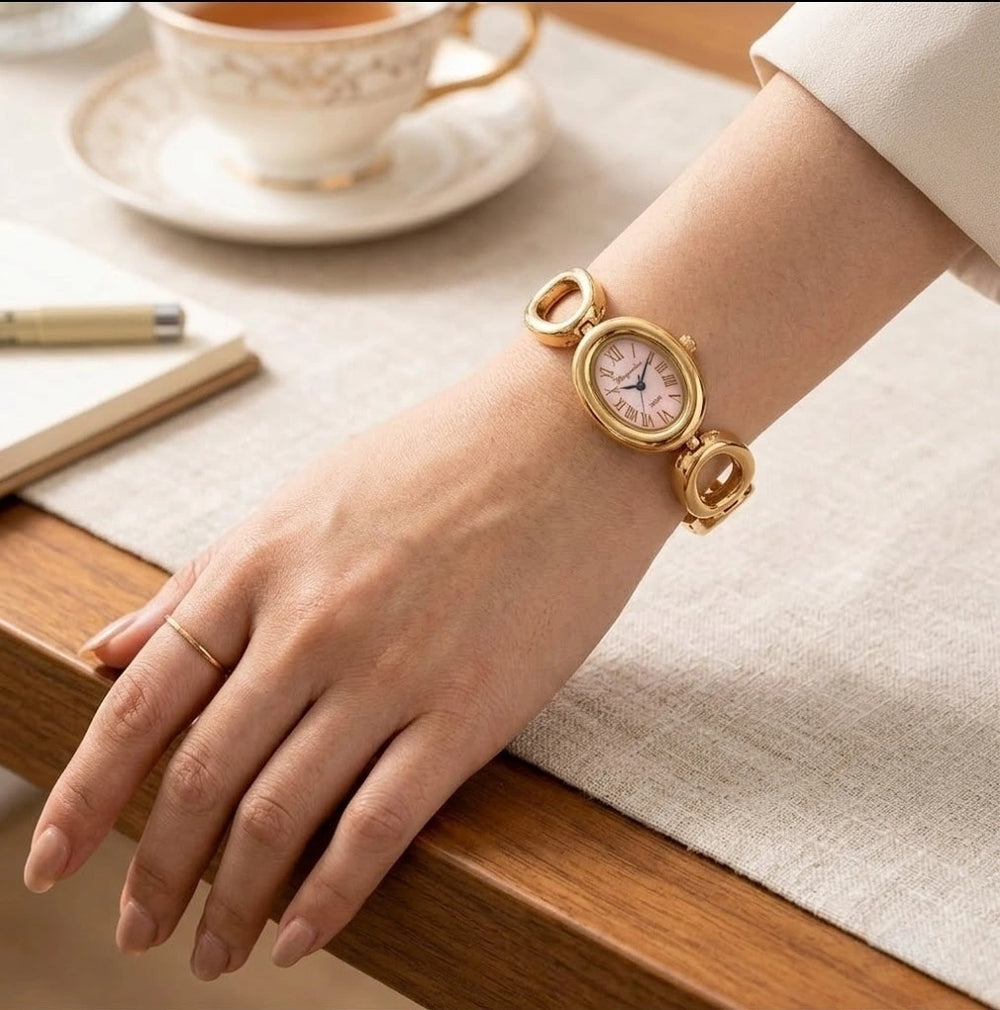 Vintage Oval Pink Dial Watch - Anti-Tarnish Gold Plated