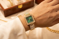 Emerald Elegance Square Crystal Watch | Anti-Tarnish Gold Plated