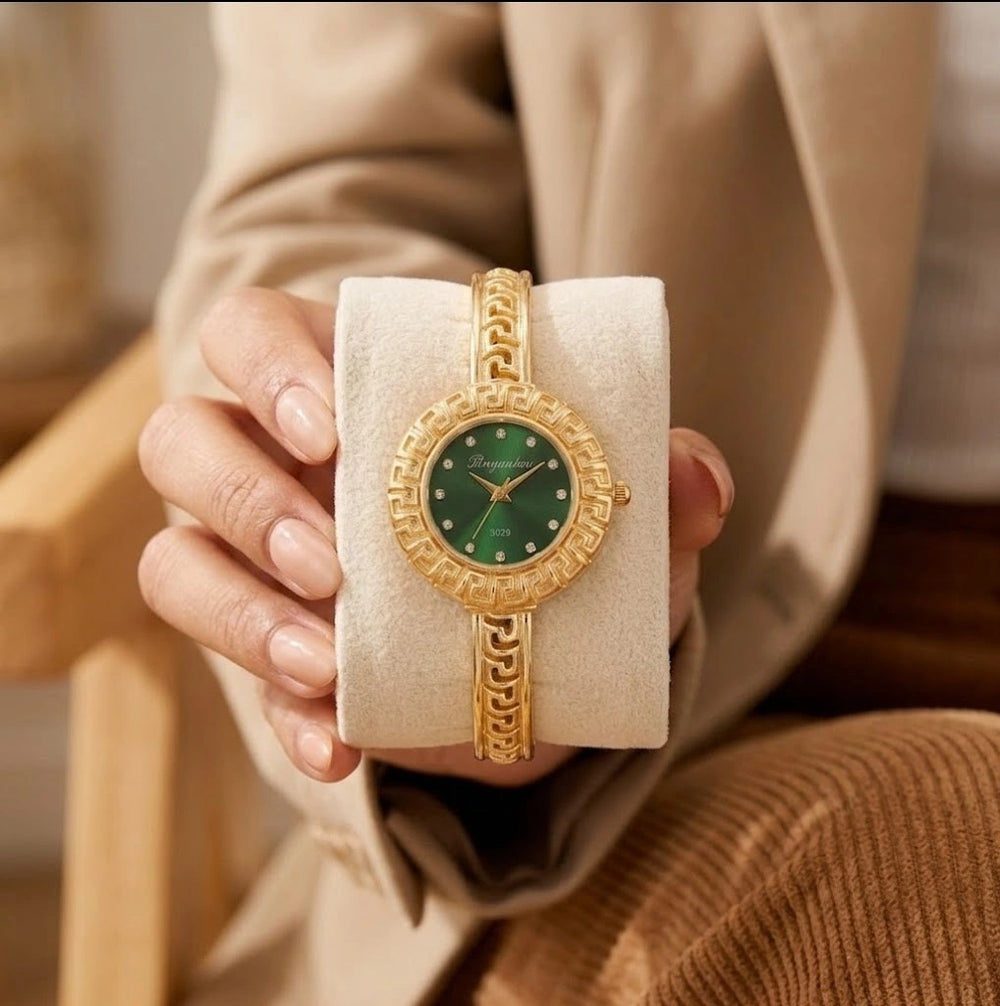 Vintage Emerald Green Dial Bangle Watch | Anti-Tarnish Gold Plated