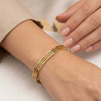 Greek Key Geometric Bangle - Anti-Tarnish Gold Plated Bracelet