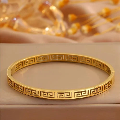 Greek Key Geometric Bangle - Anti-Tarnish Gold-Plated Bracelet