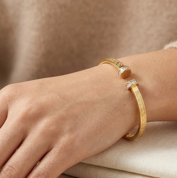 Front view of Greek Key anti-tarnish gold plated open cuff bracelet