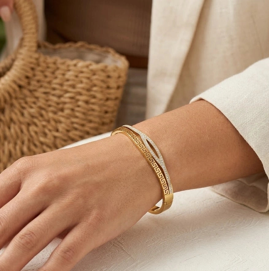 Greek Key Pattern Gold-Plated Bracelet | Anti-Tarnish Zircon Bangle