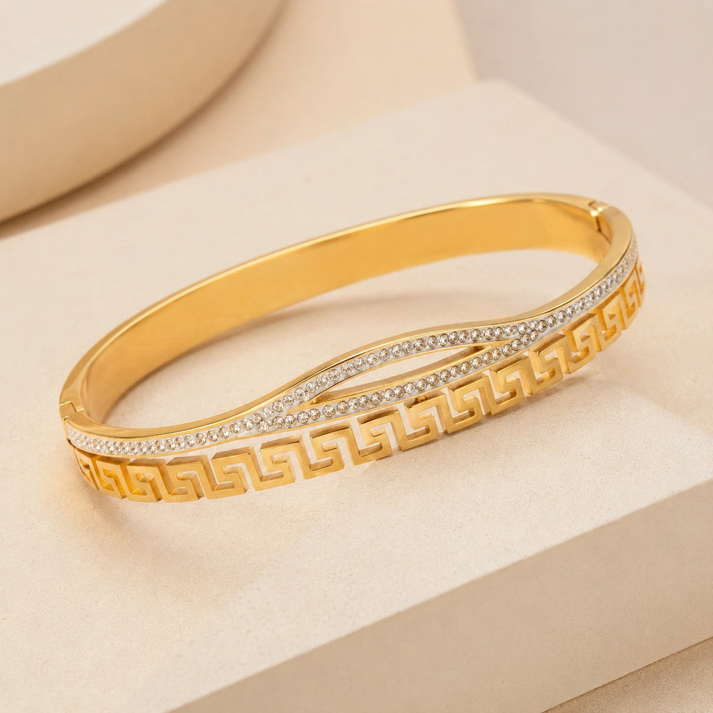 Greek Key Zirconia Gold-Plated Bangle | Anti-Tarnish Minimalist Bracelet