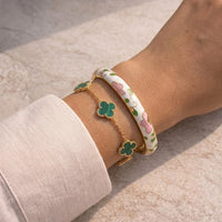 Green Clover & Floral Enamel Bangle Stack | Anti-Tarnish Gold Plated Bracelet Combo