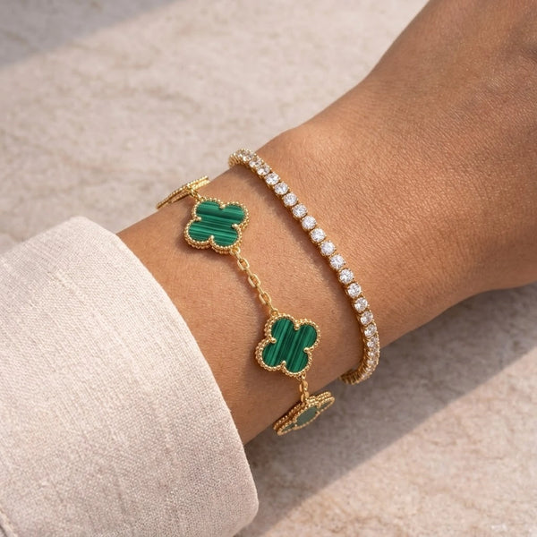 Emerald Clover & Tennis Bracelet Stacking Combo | Anti-Tarnish Gold Plated