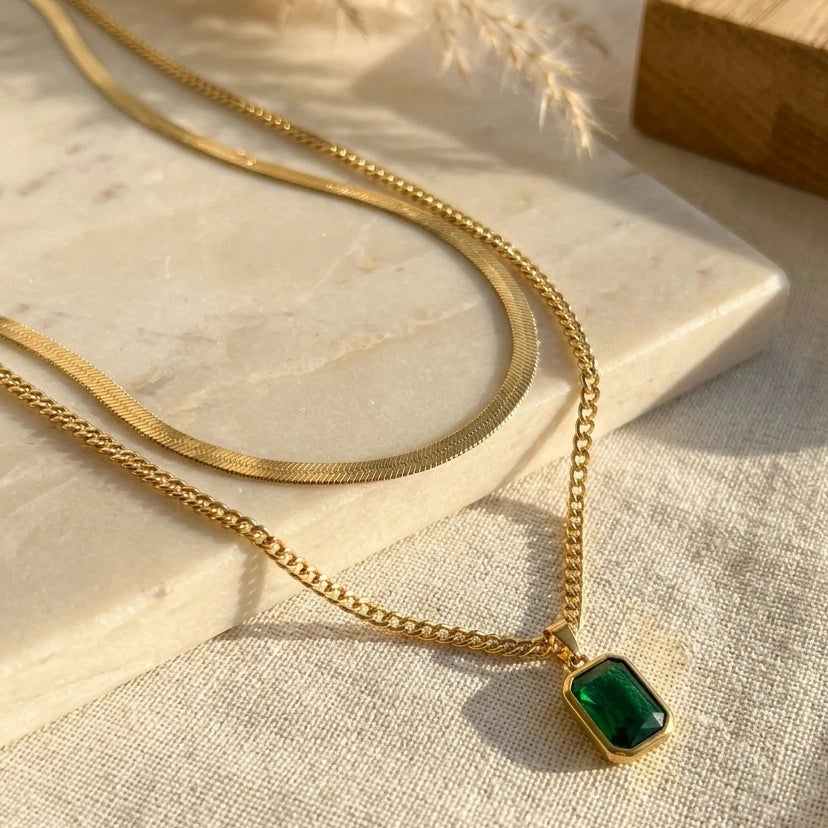 Emerald Cut Green Stone Layered Necklace | Anti-Tarnish Gold Plated