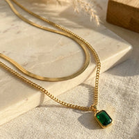 Emerald Cut Green Stone Layered Necklace | Anti-Tarnish Gold Plated