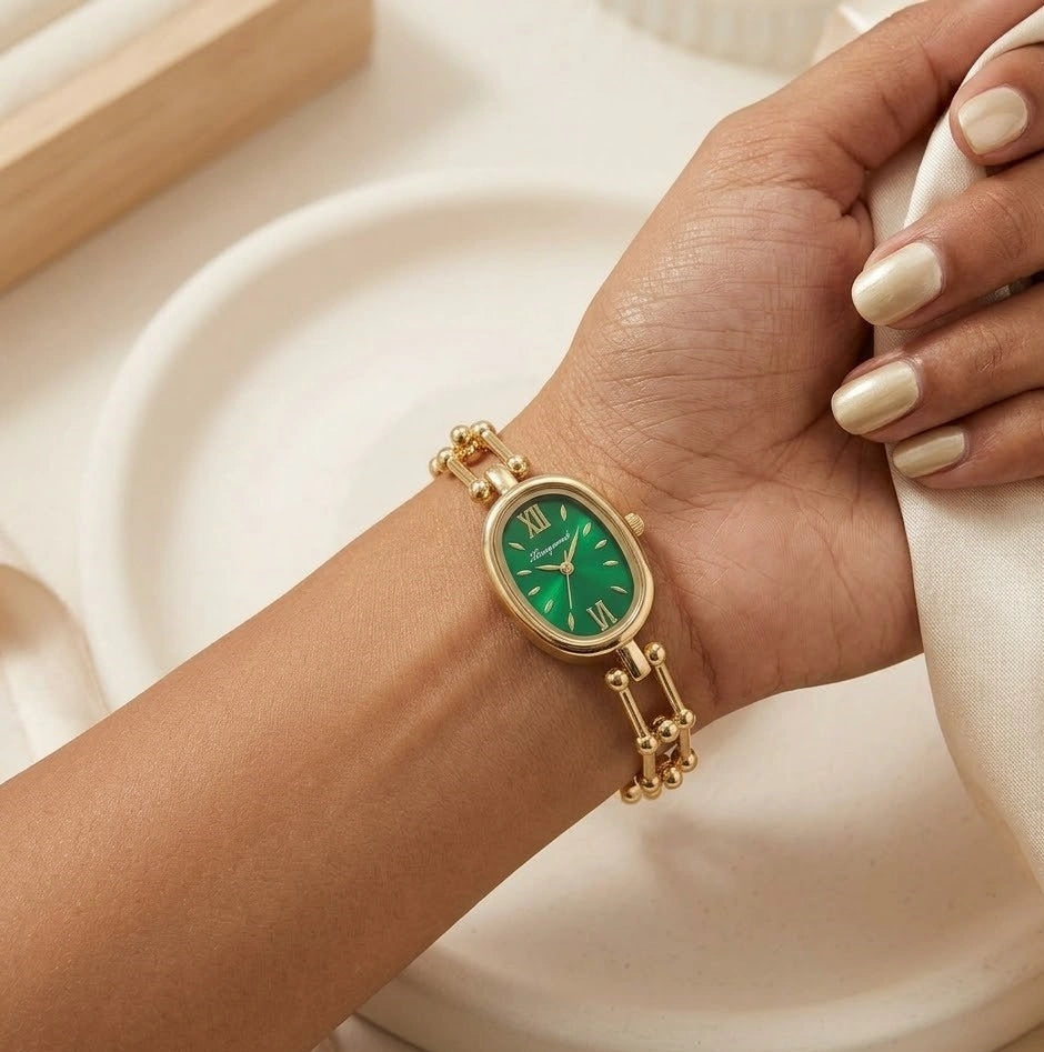 Emerald Oval Dial Anti-Tarnish Gold Plated Bracelet Watch for Women